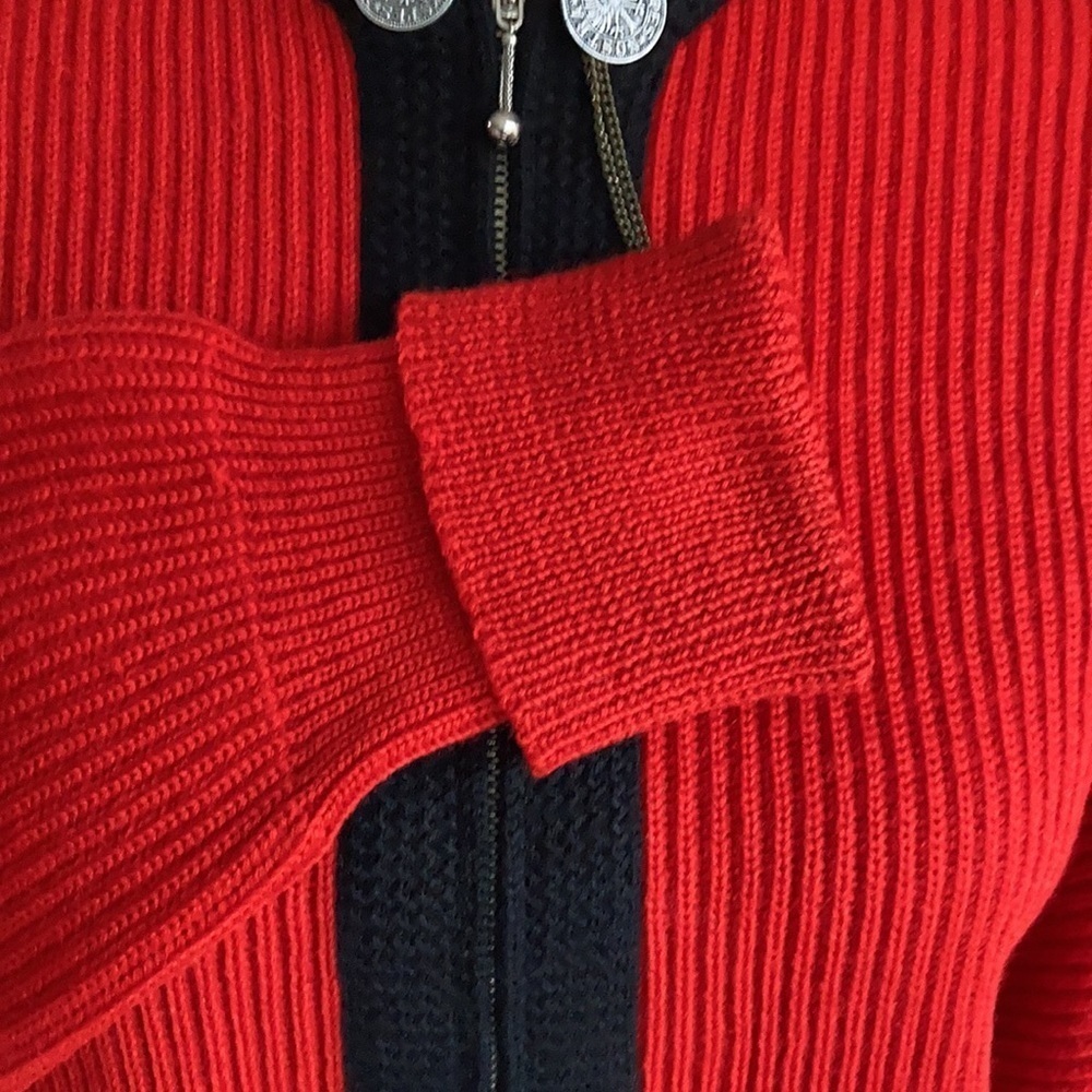 Vintage Obermeyer red zip cardigan sweater w black trim 100% wool grandma core - Picture 9 of 16